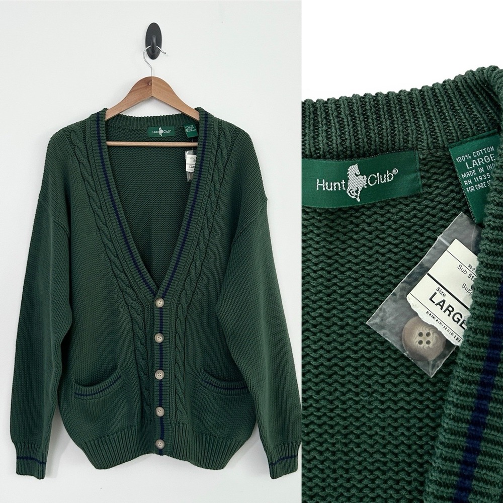 Hunt Club Men's Large Green 100% Cotton V-Neck Cable Knit Cardigan Sweater NWT